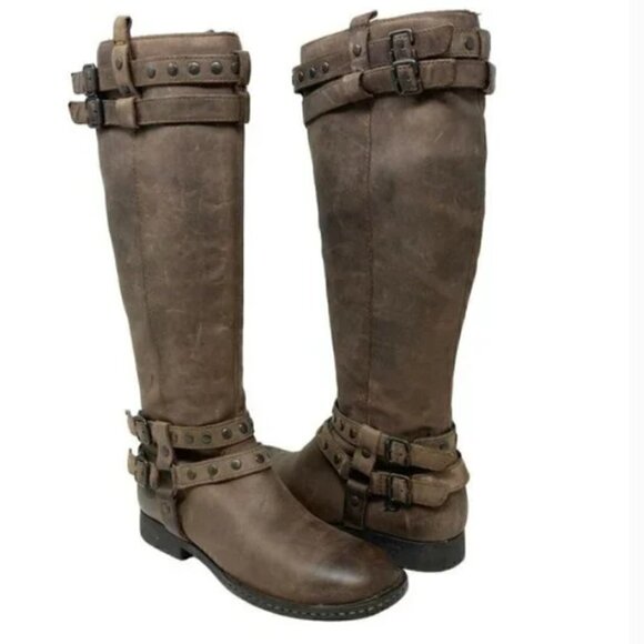 Born Gwynn Harness Knee High Brown Leather Double Buckle Riding Boots - Size 6.5 - Picture 1 of 10